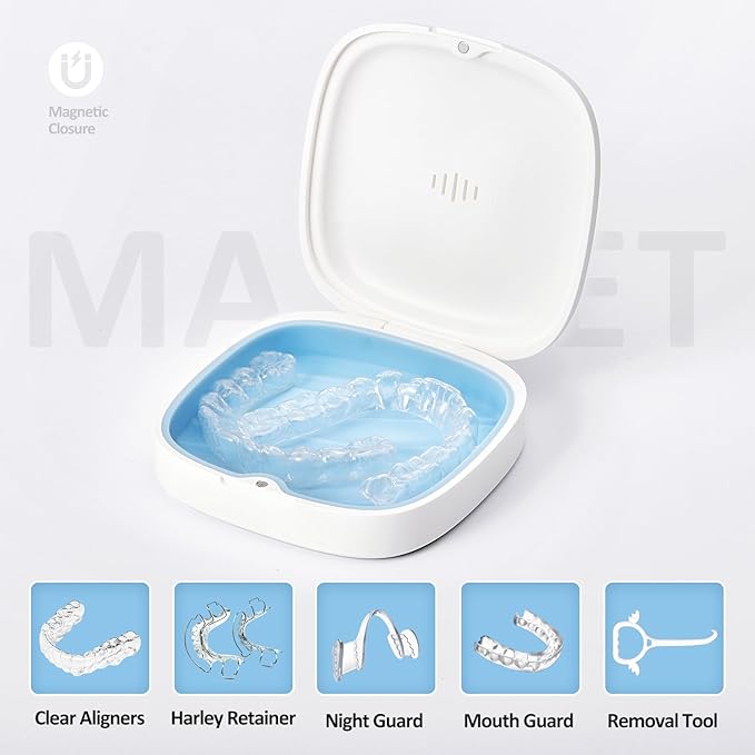 2 Pack Retainer Case Slim Aligner Case with Vent Holes Removable Inner Tray Silicone for Easy Cleaning (2Pack White Blue)