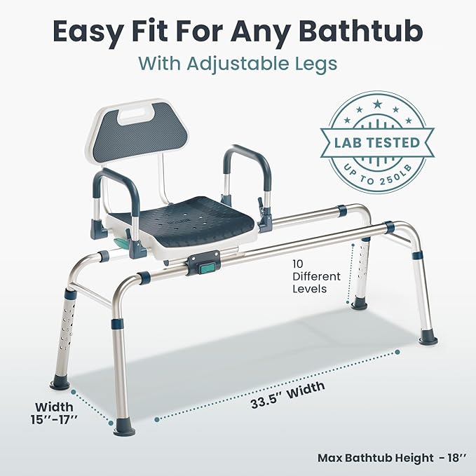 Sliding Shower Chair Tub Transfer Bench with Swivel Seat, Shower Bench for Elderly and Disabled, with Security Belt, 360 Rotation, Slides and Rotates, Adjustable,one Touch Slide Button, Dark Blue