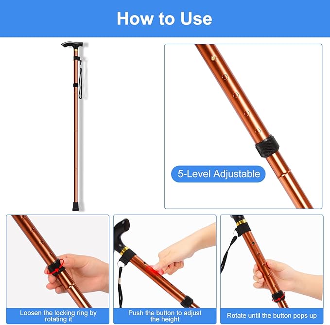 supregear Folding Cane, 5-Level Adjustable Height Walking Stick Lightweight Collapsible Portable Travel Cane with Wrist Strap and T Handle for Elderly Disabled Men Women