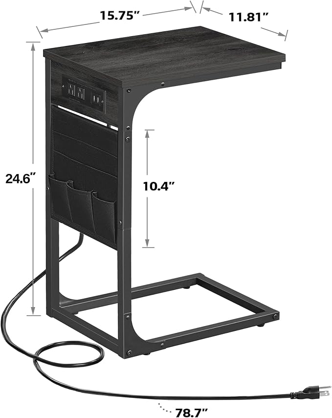 TUTOTAK C Shaped End Table with Charging Station, Side Table for Sofa | Couch Table with Storage Bag, TV Tray with 2 USB Ports and Outlets, Living Room and Bedroom, Grey TB01BY024
