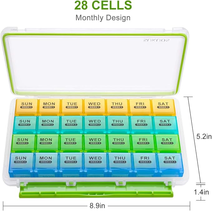 Sukuos Monthly Pill Organizer 28 Day Easy to Open, Large Moisture-Resistant Pill Box Cases with Dust-Proof Box and Clear Lid for Vitamin/Fish Oil/Supplements