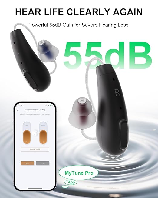 Rechargeable Hearing Aids with Bluetooth for Seniors with Hearing Loss, OTC Hearing Aid for Adults with Noise Cancellation, Superior Sound, Nearly Invisible, Charging Case Included