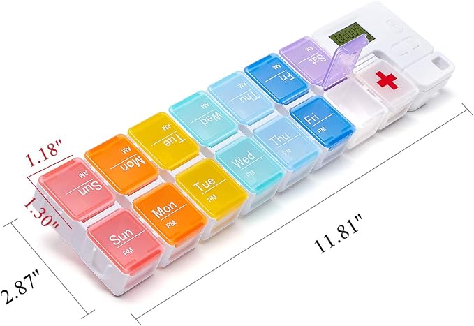 7-Day Pill Organizer with Medicine Reminder Alarm, Cozycabin Weekly Large Vitamin Box Organizer - AM PM Daily Travel Medication Box(Rainbow)