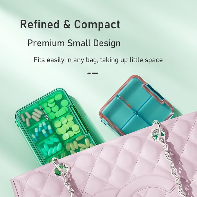 Slim Compact Pill Organizer, Pocket 4-Compartment Travel Case (Green) | Slim compact pill case fits pocket or purse. 4 adjustable compartments for pills. Ideal daily travel. Lightweight. Green.