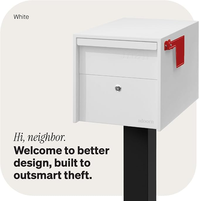 Adoorn Lockable Post Mount Mailboxes for Outside - Small Anti-Theft Locking Mailbox for Packages and Letters - Weatherproof Construction - Durable Steel - 12" H x 12" W x 18.5" D - White