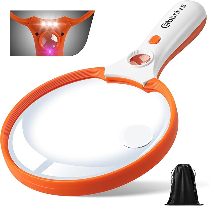 Large Magnifying Glass with Light, Magnifier Handheld Illuminated Lighted Magnifier with 3 LED Lights 1UV Light Storage Bag Clean Cloth for Seniors Reading Inspection (Orange)