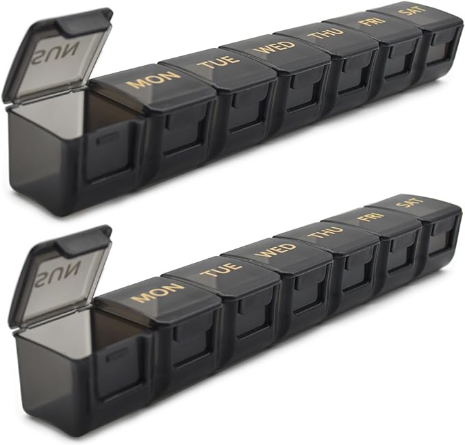 2 Pack Weekly Pill Organizer, Large 7 Day Pill Case, Daily Vitamin Case Medicine Box, AM/PM Pill Containers for Medicine Supplements Fish Oil (Black & Black)