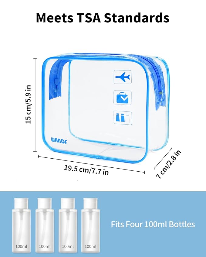 WANDF TSA Approved Toiletry Bag, 2 Pack Clear Makeup Bag | Quart Size, Airport Carry-On, TSA Liquids Travel Bag, Clear PVC, Women Men Travel Essentials