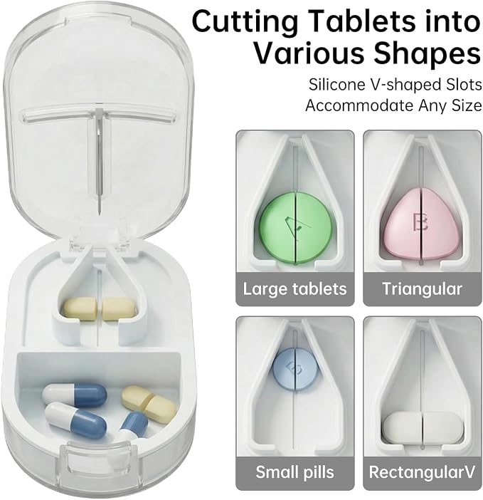 Pill Cutter Splitter for Small or Large Pills, Portable Pill Splitter with Hidden Professional Organizer and Brush, Tablet Cutter Medicine Slicer, Coupe Pilule for Tablets and Vitamins(Clear)