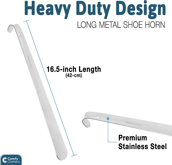 Comfy Clothiers Long Handle Metal Shoe Horn (16.5"/42cm) - Stainless Shoehorn for Shoes & Boots
