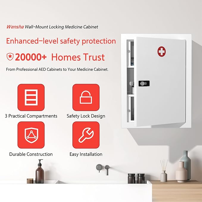 Wall-Mount Locking Medicine Cabinet: Large Metal Storage Organizer Box with Combination & Key Lock - First Aid Medicine Cabinet 3-Compartment Design for Bathroom Home (15.75" H x 11.82" W x 4.72" D)