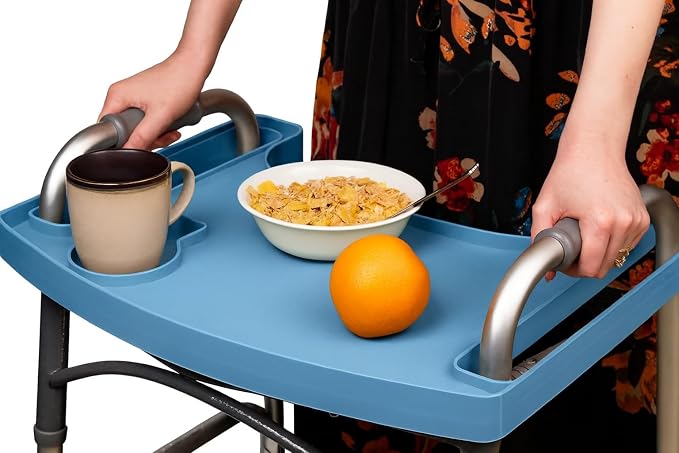 Sigo Blue Walker Tray for Rolling Folding Walker, Tray Table with Cup Holder for Standard Walkers Seniors, Detachable Non Slip TV Accessories Basket Holding Plate Cups Clip On Small Bag Carrier (Blue)