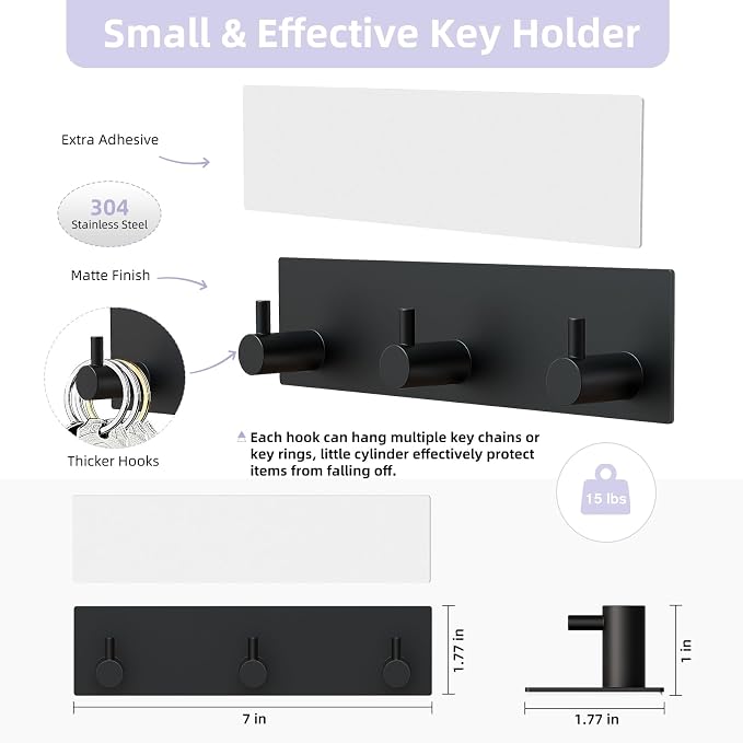 VIS'V Key Holder Wall Mount, Small Adhesive Key Hanger with 3 Hooks, Black | Metal Material, No Drilling, Extra Adhesive Strip, Suitable for Entryway, Hallway, Doorway, Kitchen, Garage, Camper
