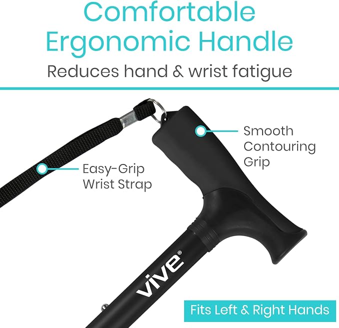 Vive Folding Cane - Foldable Walking Cane for Men, Women - Fold-up, Collapsible, Lightweight, Adjustable, Portable Hand Walking Stick - Balancing Mobility Aid - Sleek, Comfortable