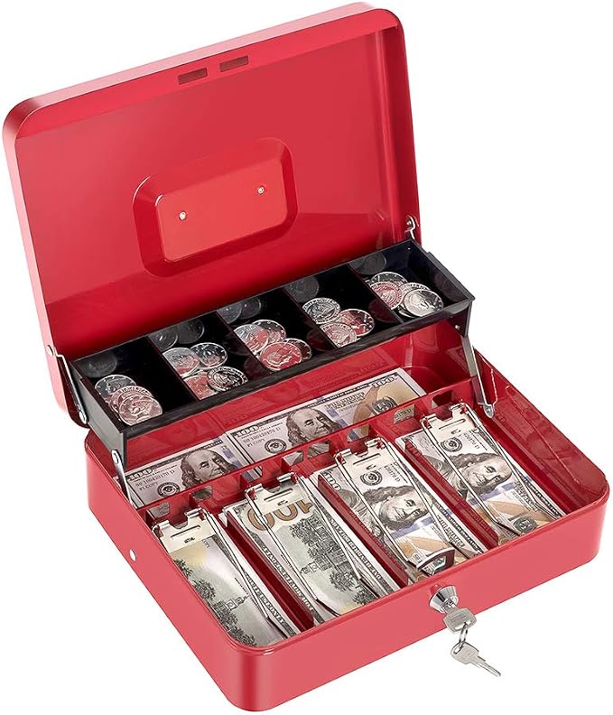 Cash Box with Money Tray and Key Lock Large Metal Money Safe Box with Cantilever Coin Tray, Lock Box for Money 11.8" x 9.4" x 3.54" Red