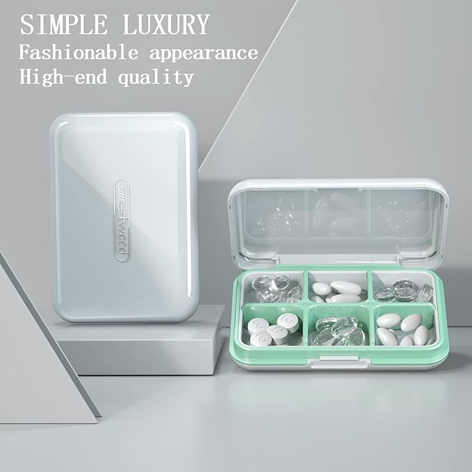 Travel Pill Organizer Moisture Waterproof Small Pill Box for Pocket Purse 6 Compartments Portable Pill Case Medicine Vitamin Holder Container (White, 6 Compartments)
