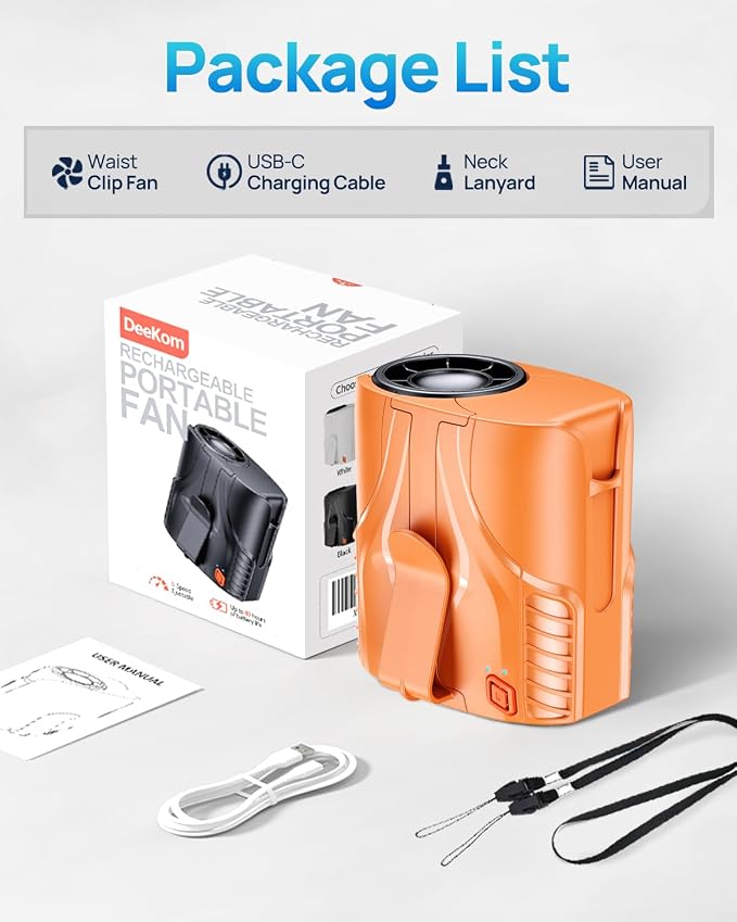 Portable Personal Waist Fan& Neck Fan, 14000RPM Brushless Motor, 40H Runtime Rechargeable, 6-Speed Quiet Operation, Clip-On Personal Body Cooling for Camping/Worksites/Outdoor