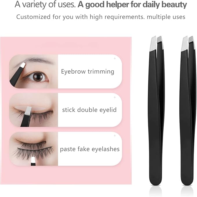 Derlaier Tweezers Set Professional High Precision Stainless Steel Eyebrow Remover Ingrown Hair & Splinter Removal Kit Facial Hair Grooming Tools for Men Women Black 4 Pcs