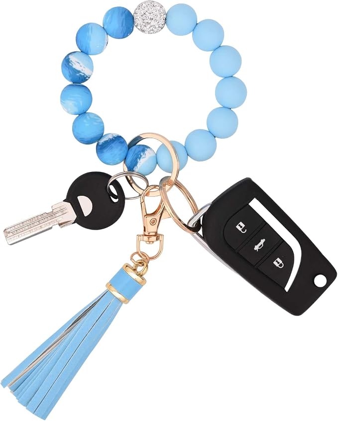 BAOSIWA Silicone Beaded Bracelet Keychain Wristlet Key Ring Bangle Chains for Women with Leather Tassel