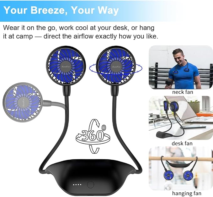 HandFan 10000mAh Portable Neck Fan Rechargeable, 48Hrs Long-Lasted Wearable Personal Fans, Hands Free Necklace Fans, Hanging Cooling Fan for Travel, Hiking, Fishing, Gifts for Women Men