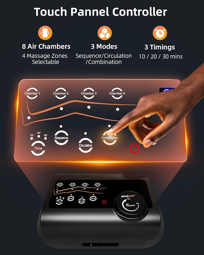 SHINE WELL Air Compression Leg Massager,Professional Leg Recovery System for Muscle Revival,Sequential Compression Leg Therapy Device with 11 Intensities,4 Massage Area Selectable (Small)