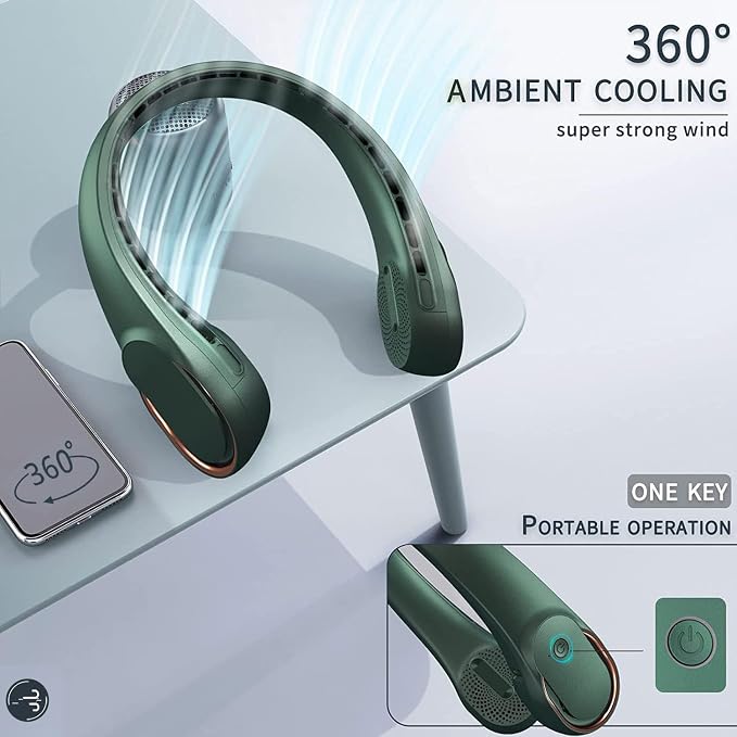 ASNUG Neck Fan,Portable Bladeless Neck Fan, USB Rechargeable Personal Fan, 4000 mAh Battery Operated Wearable Fan, 3 Speeds Adjustable,Faster Cooling, Ultra Quiet, Suitable for Home, Office, Sports