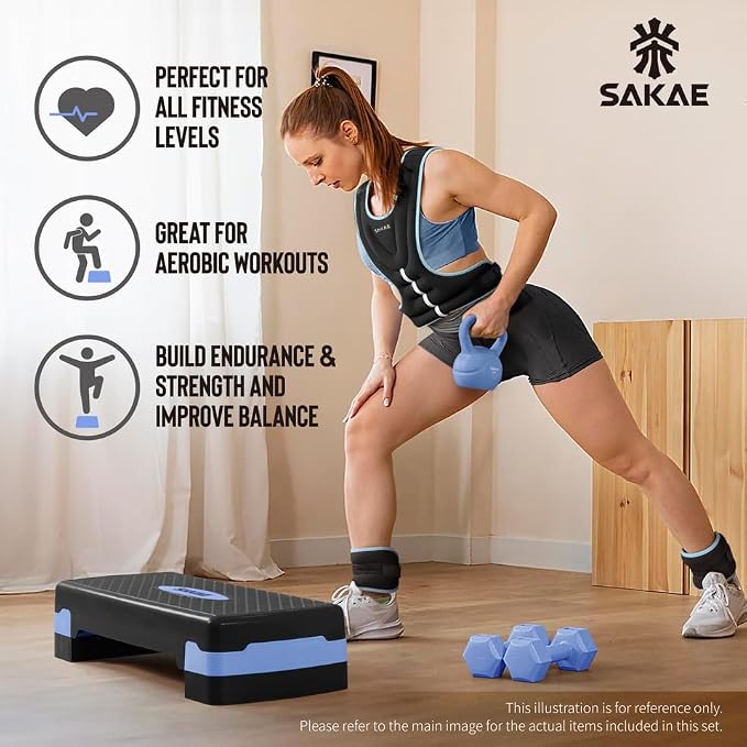 Adjustable Height Aerobic Stepper Set, Multiple Bundle Options with Dumbbells, Kettlebell, Waist Trimmer, Ankle Weights or Weighted Vest, Workout Exercise Step Platform w/Level Risers, 4 Colors