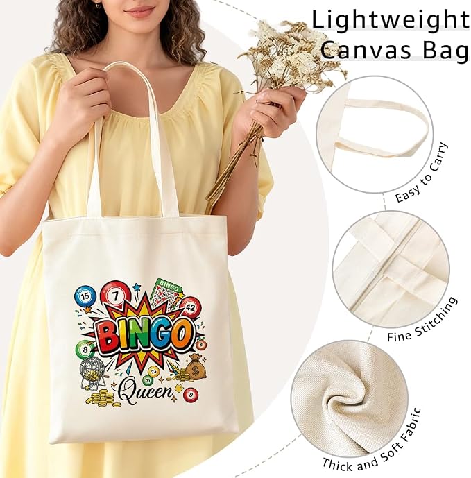 Bingo Queen Women Canvas Tote Bag, Funny Bingo Lover Reusable Shopping Bag for Women Senior Grandma Mom Friend, Colorful Bingo Game Shoulder Tote, Cute Casino Party Gifts for Bingo Player