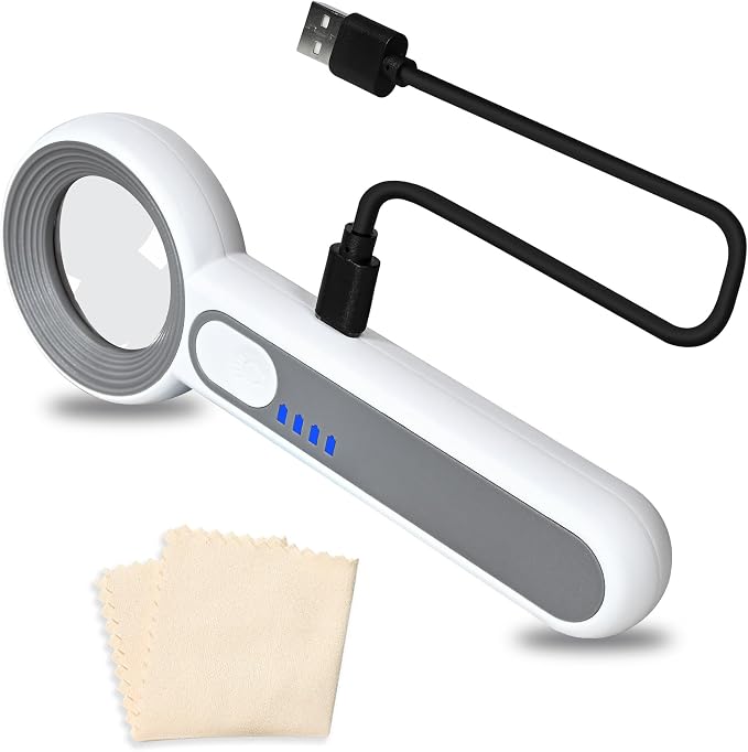 11X Magnifying Glass With Light, Lightweight Rechargeable, 10 LED Power Indicator Handheld for Reading Small Prints, Crafting, Inspecting Coins and Close Work