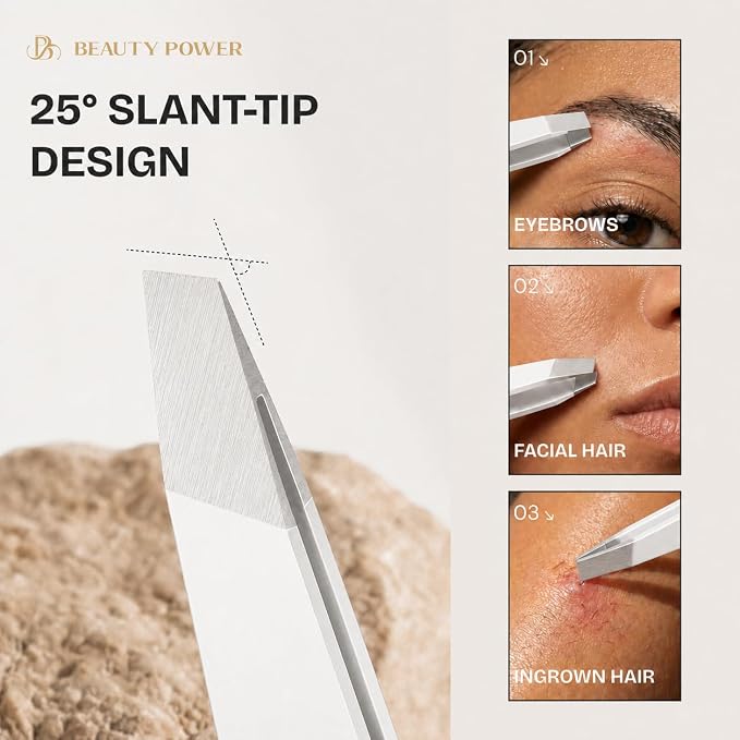 Beauty Power Slant Tip Precision Tweezers - Stainless Steel Eyebrow Tweezers for Women & Men - Precision Tweezers for Facial Hair, Ingrown Hair & Brow Shaping - Professional Beauty Tool (White)