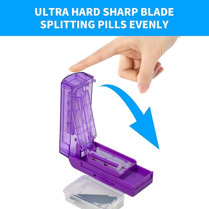 Multiple Pill Cutter for Small or Tiny Pills, Adjustable Pill Splitter for Large Pills Multi Tablets, Stainless Steel Cutting Blade and Blade Guard (Purple)