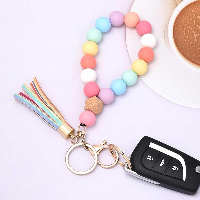 BAOSIWA Silicone Key Ring Bracelet Wristlet Keychain Unique Beaded Bangle Key Chains for Women with Leather Tassel