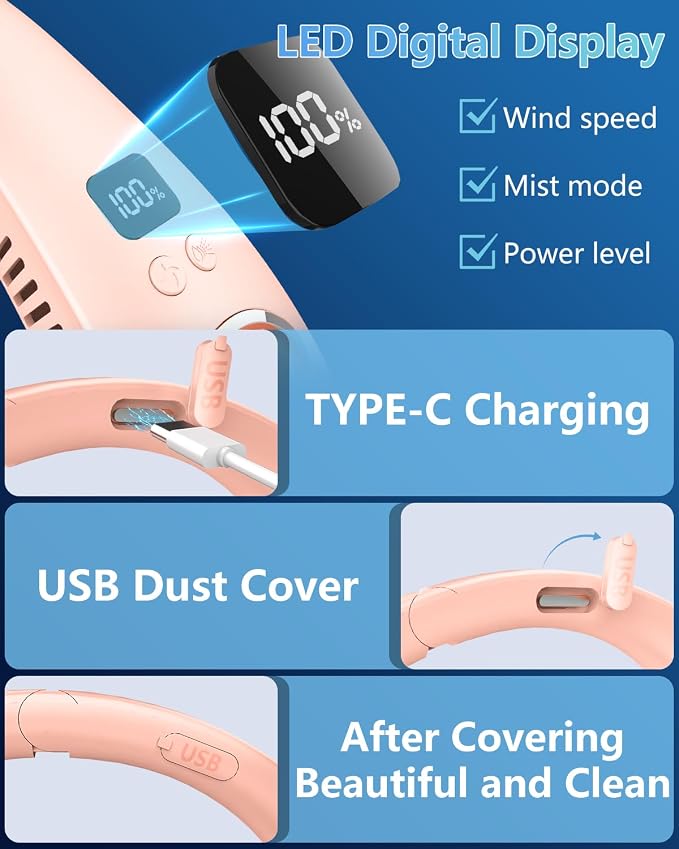 Misting Neck Fan,Personal Cooling Fans that Blow Cold Air Rechargeable,Collapsible Cordless Headphone Design Neck Fan Mister,Best Cold Small Noiseless Breeze Around the Neck Cooler Tool Pink