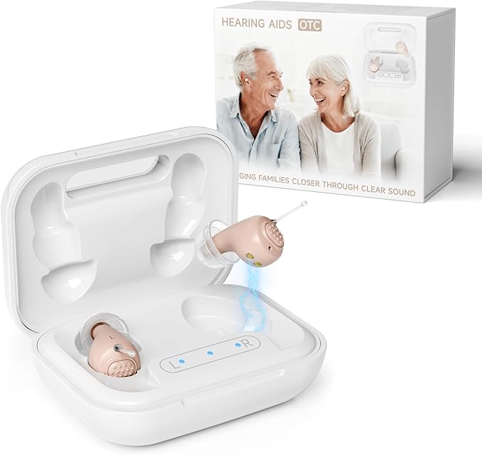 OTC Hearing Aids Rechargeable (Including Charging Case), Comfortable In-Ear Hearing Aids for Seniors and Adults, 24-Channel Digital Noise Reduction, Clear Sound, Invisible Design, 80+ Hrs Battery Life
