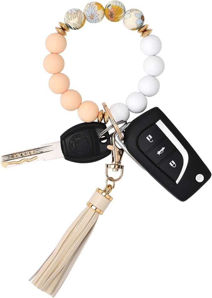 BAOSIWA Silicone Beaded Bracelet Keychain Wristlet Key Ring Bangle Chains for Women with Leather Tassel