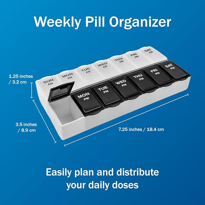 Amazon Basic Care 7-Day AM/PM Pill Organizer | Large Compartments | 2 Times Daily | Black and Clear Lids | Pack of 2