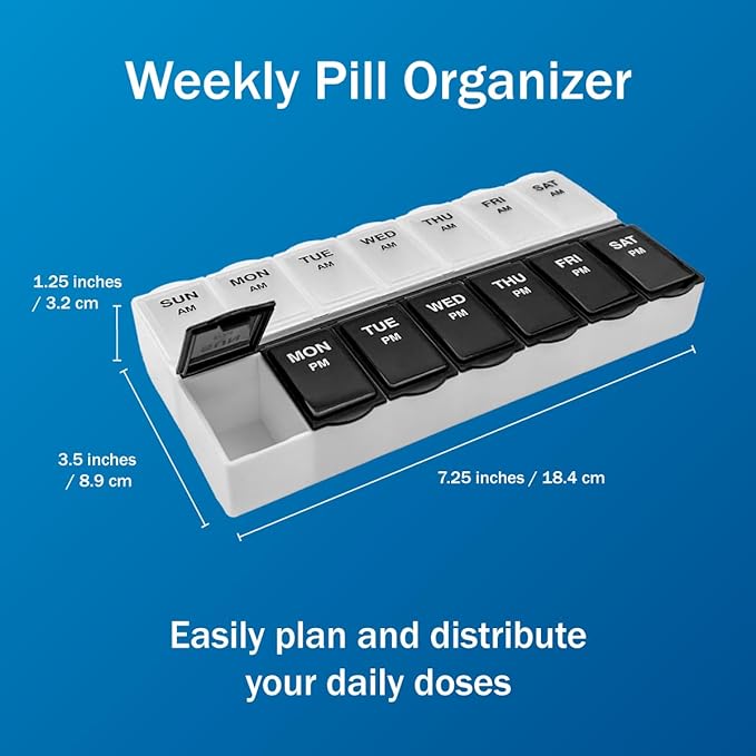 Amazon Basic Care (7-Day) AM/PM Pill Organizer, Vitamin Case, And Medicine Box, Large Compartments, 2 Times a Day, Black and Clear Lids