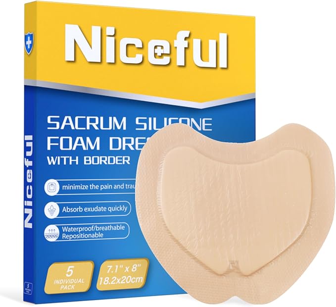 Niceful Sacral Silicone Foam Dressing, Sacrum Bed Sore Bandages for Large Wound 7.1"x 8"(5PCS)