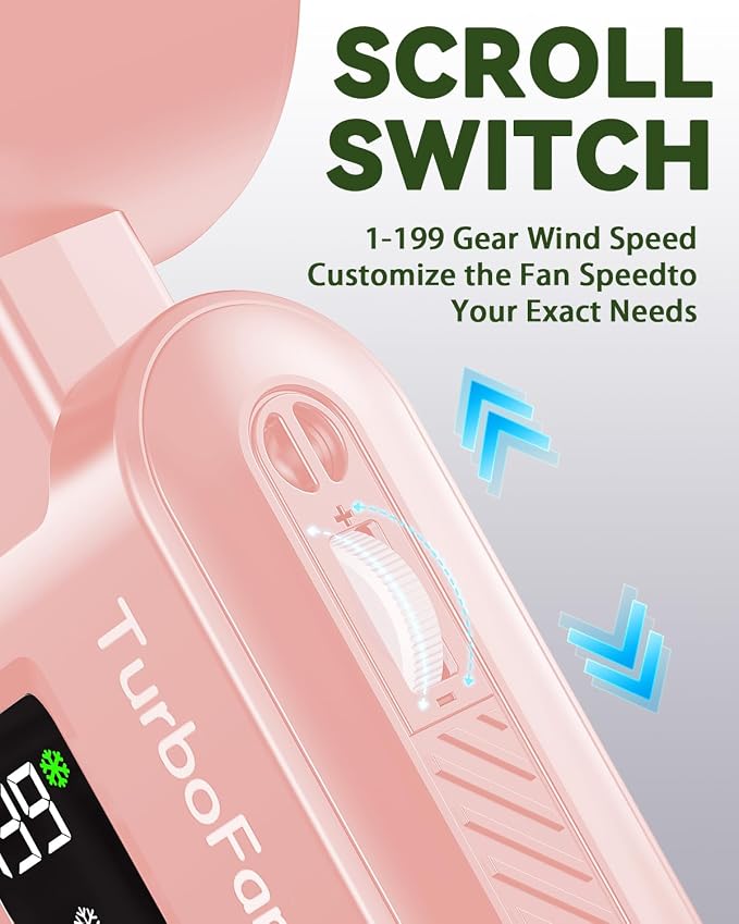 Portable Handheld Fan with Ice Cooling, 7.5m/s High Speed Turbo Fan, 150° Foldable 4-in-1 Personal Neck Fan, 199 Speed Stepless Control, USB-C Rechargeable for Travel, Makeup, Hiking,Pink