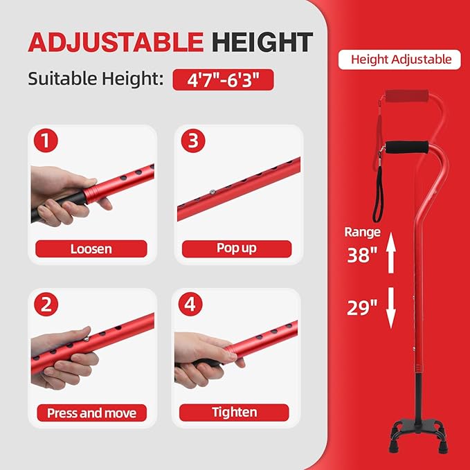 BeneCane Quad Cane Adjustable Walking Cane with Offset Soft Cushioned Handle for Men & Women Lightweight Comfortable with 4-Pronged feet for Extra Stability