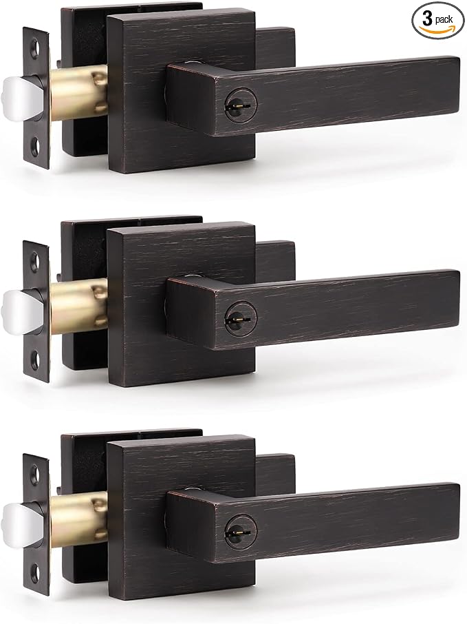 KNOBWELL Oil Rubbed Bronze Door Handle Door Lever Keyed Entry Door Knob(Not Keyed Alike) Front Door Leverset Lockset, 3 Pack, Oil Rubbed Bronze Finish 2.13 lb One Lever