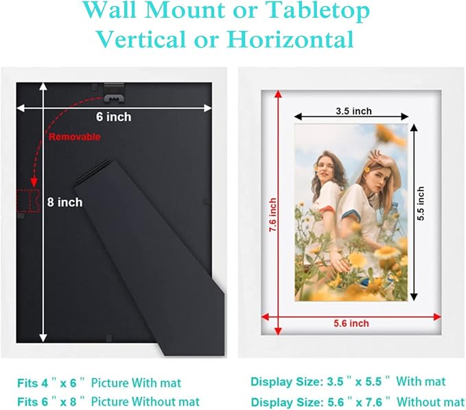 6x8 inch Picture Frame Made of 100% Solid Wood and High Definition PlexiGlass Display Pictures for Table Top Display and Wall Mounting Photo Frame White