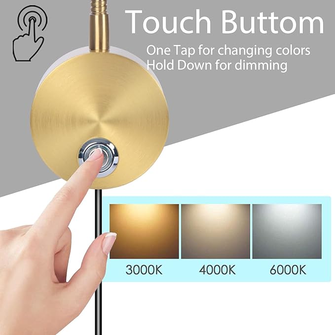 Adust Bedside Reading Light, Bedroom Reading Lamp, 3W LED Touch Dimmable Brightness Minimalist Wall Headboard Reading Lamp, Adjustable Colour Temperature, 3000k, 4000k, 6000k (Gold (2-Pack))