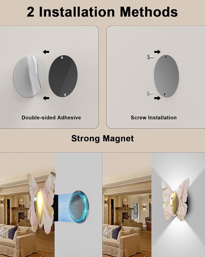 Eneru Motion Sensor Wall Sconce Set of 2, Rechargeable Wall Lights, Indoor | 5000mAh Battery Operated Wall Sconces, Magnetic Butterfly Motion Night Light for Hallway Stair Closet Pantry, Pink & Gold