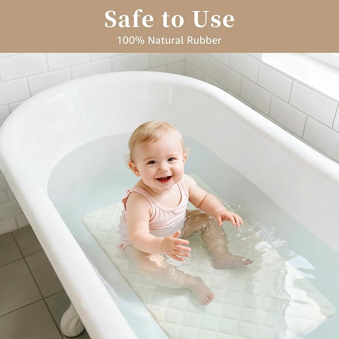 Yolife Bathtub Shower Mat Non Slip, Natural Rubber Bath Tub Floor Liner Mats with Strong Suction Cups for Inside Shower Bathroom, Machine Washable, Soft on Feet, 27.5 x 17 Inch, Beige