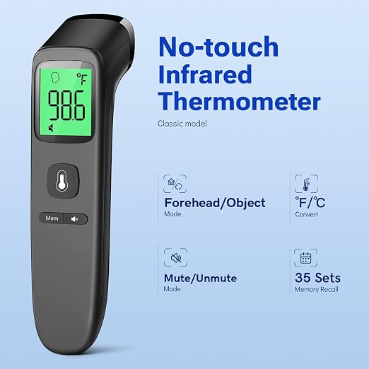 Viproud Touchless Thermometer for Kids and Adults, 1-Second Reading, Black | Large LCD with 3-Color Backlight, Fever Indicator, Mute Mode, Memory Recall, Dule Mode Forehead/Object, for All Ages