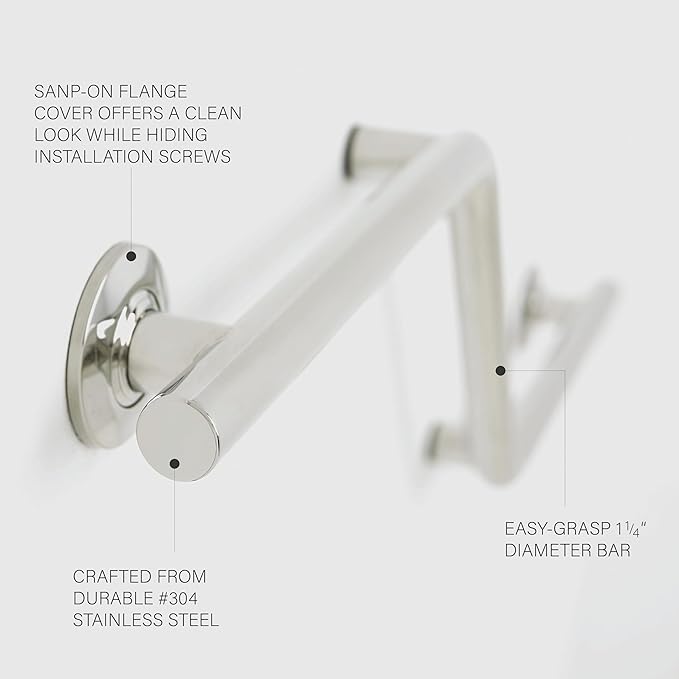 Seachrome Bathroom Grab Bar, 38 inch Stainless Steel, Right Handed Zuma Bar, 1 1/4 inch Diameter, Handicap Grab Bar, Safety Rail, Polished Stainless (Model: GWR-3638-QCR-PS)