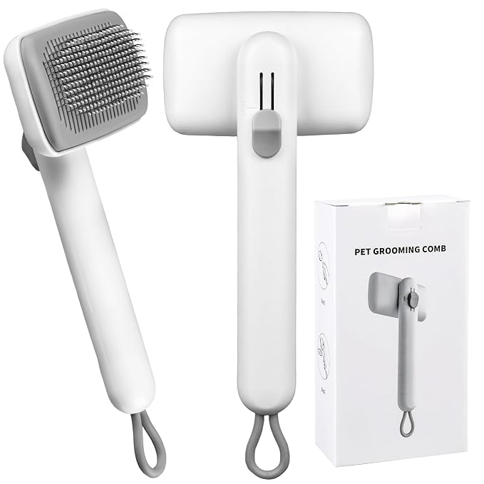 Self Cleaning Slicker Brush for Dogs & Cats – Skin-Friendly One Click Hair Removal, Deshedding Tool for Long & Short Hair, Reduces Shedding & Removes Mats, Safe for Puppies & Kittens- White