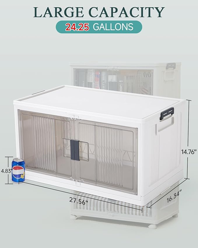 OlarHike 97QT Stackable Storage Bins with Lids - Folding Storage Box with Doors and Wheels, Collapsible Plastic Storage Drawers for Closets and Organization, Garage, 5 Pack Cubes