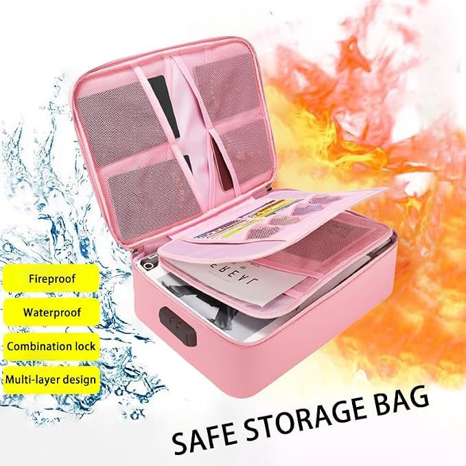 Fireproof Bag with Lock, Waterproof Fireproof Document Organizer for Safe Storage – Large Capacity File Storage Case for Home, Office, and Travel (pink)